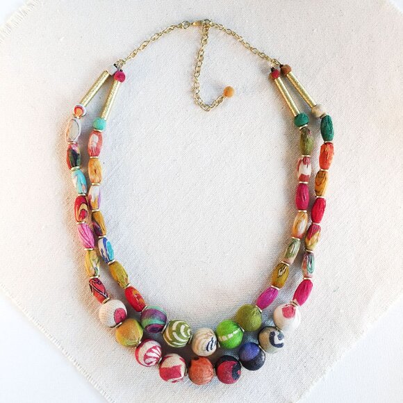 Fair Trade NWT 2 Strand Boho Necklace Handmade Upcycled Kantha Fabric Recycled - Picture 1 of 16